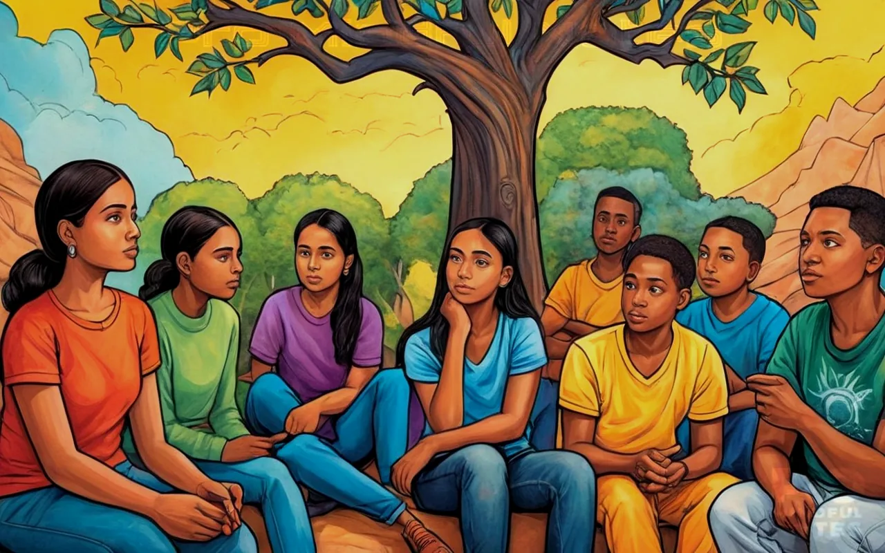A teenager looking contemplative, diverse group of young individuals engaged in conversation, attentive therapist listening intently, colorful poster illustrating informed consent process, dynamic family tree showing complex relationships, sensitive topic symbol, confidentiality seal