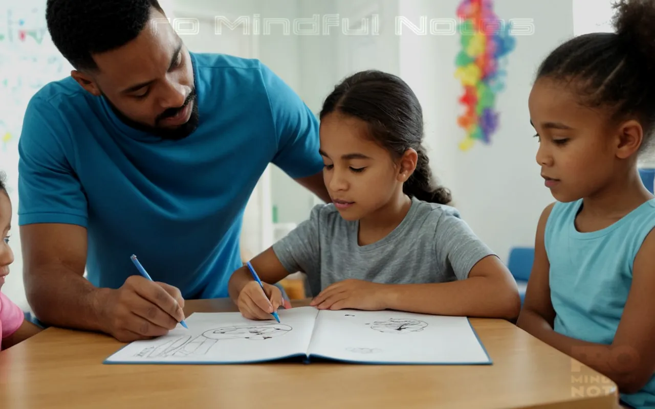 A diverse group of children engaged in therapeutic activities, professional therapist guiding discussion, supportive family environment, visualization of consent forms and ethical dilemmas