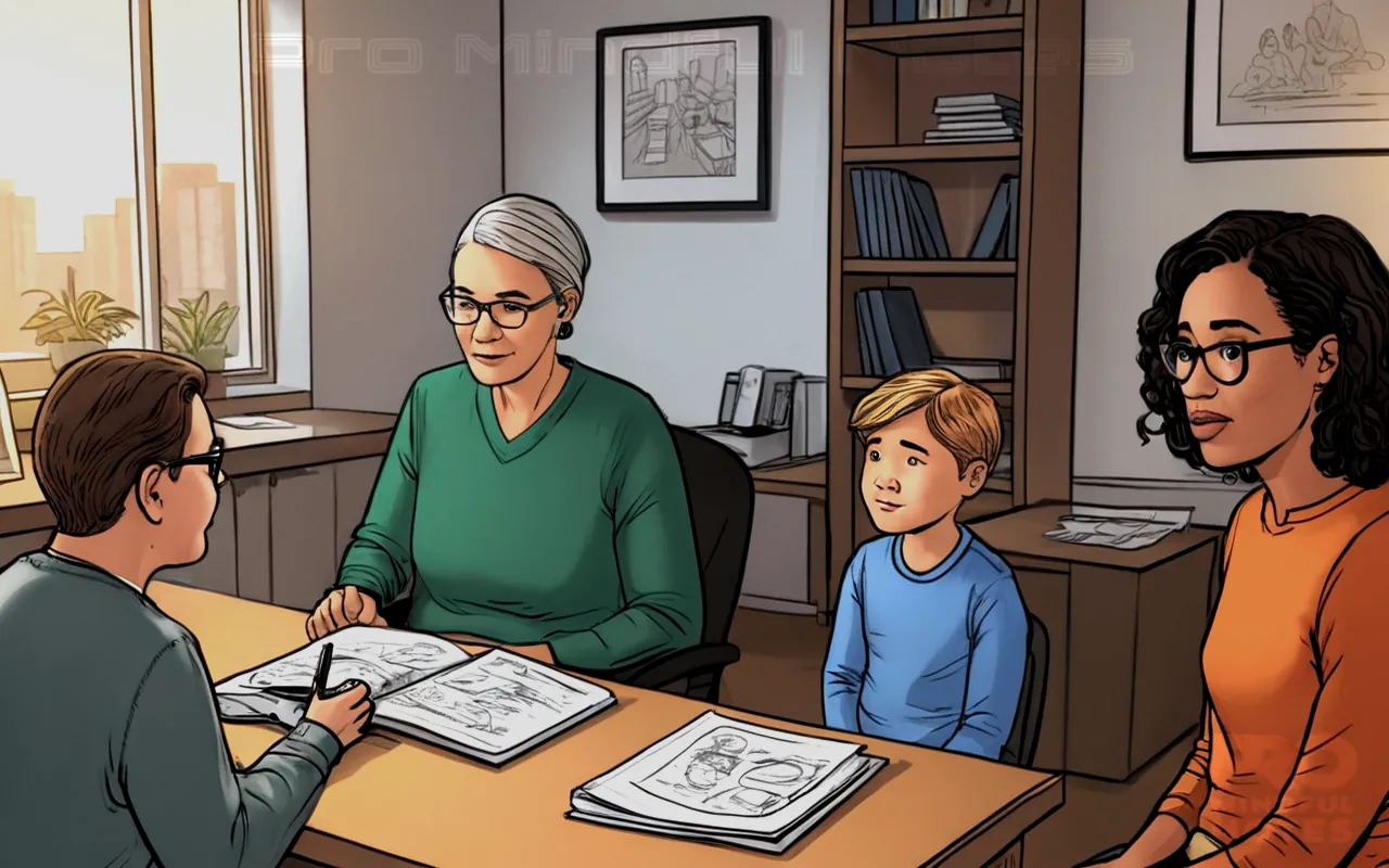 A young client seated in a cozy office setting, a caring therapist explaining concepts using age-appropriate language, supportive parents engaged and attentive, diverse family dynamics visually represented, symbolic representation of informed consent