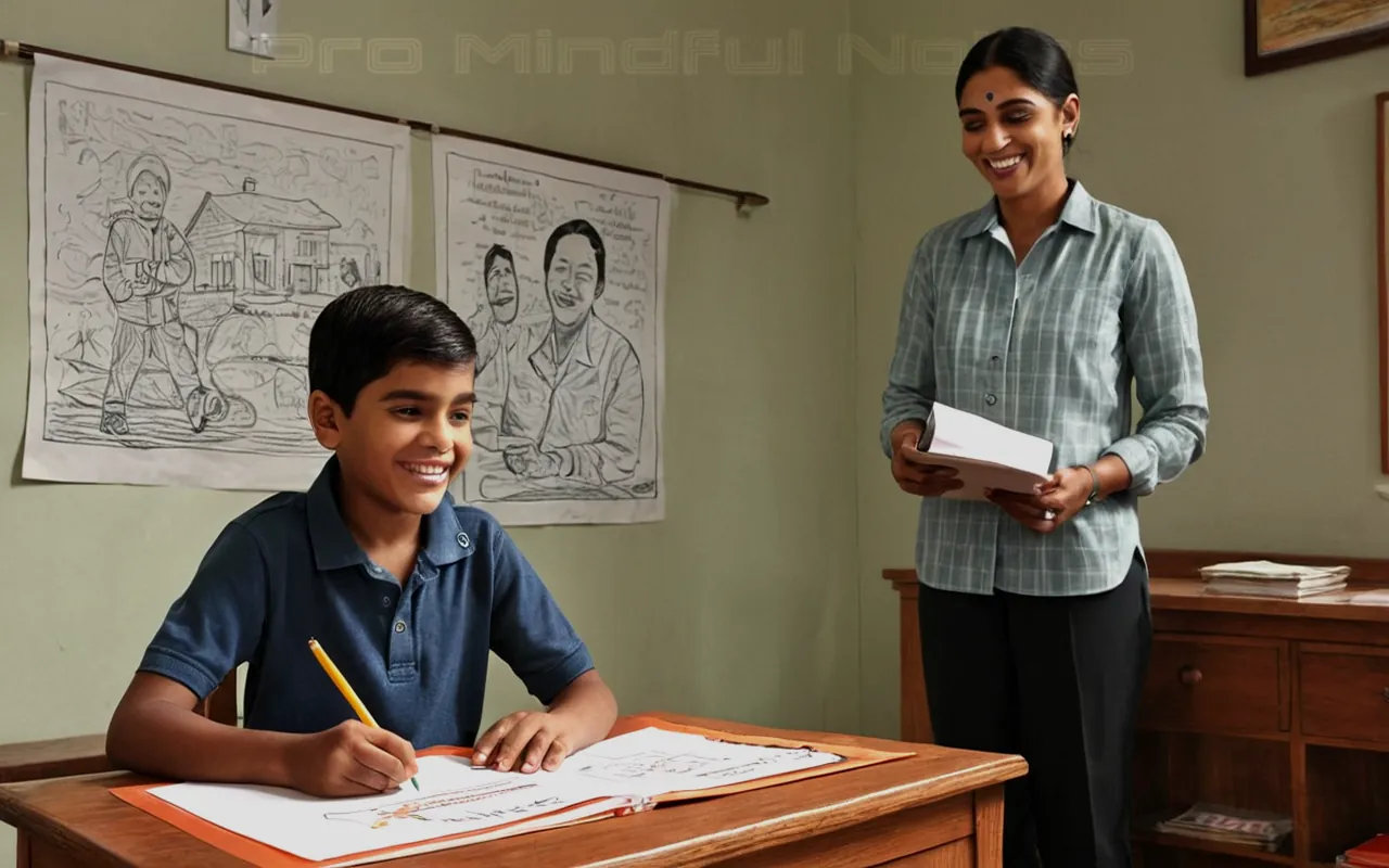 A therapist smiling warmly, pen poised over a document, confident child on one side of a room, hesitant adult opposite them, intricate web-like diagrams hanging in the background symbolizing family relationships, a folder labeled 'Informed Consent' lying open