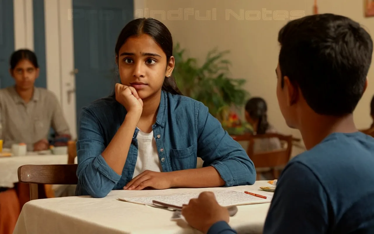 Teenager looking thoughtful, parent holding hand, open dialogue symbol, diverse family table setting, confident therapist gesture