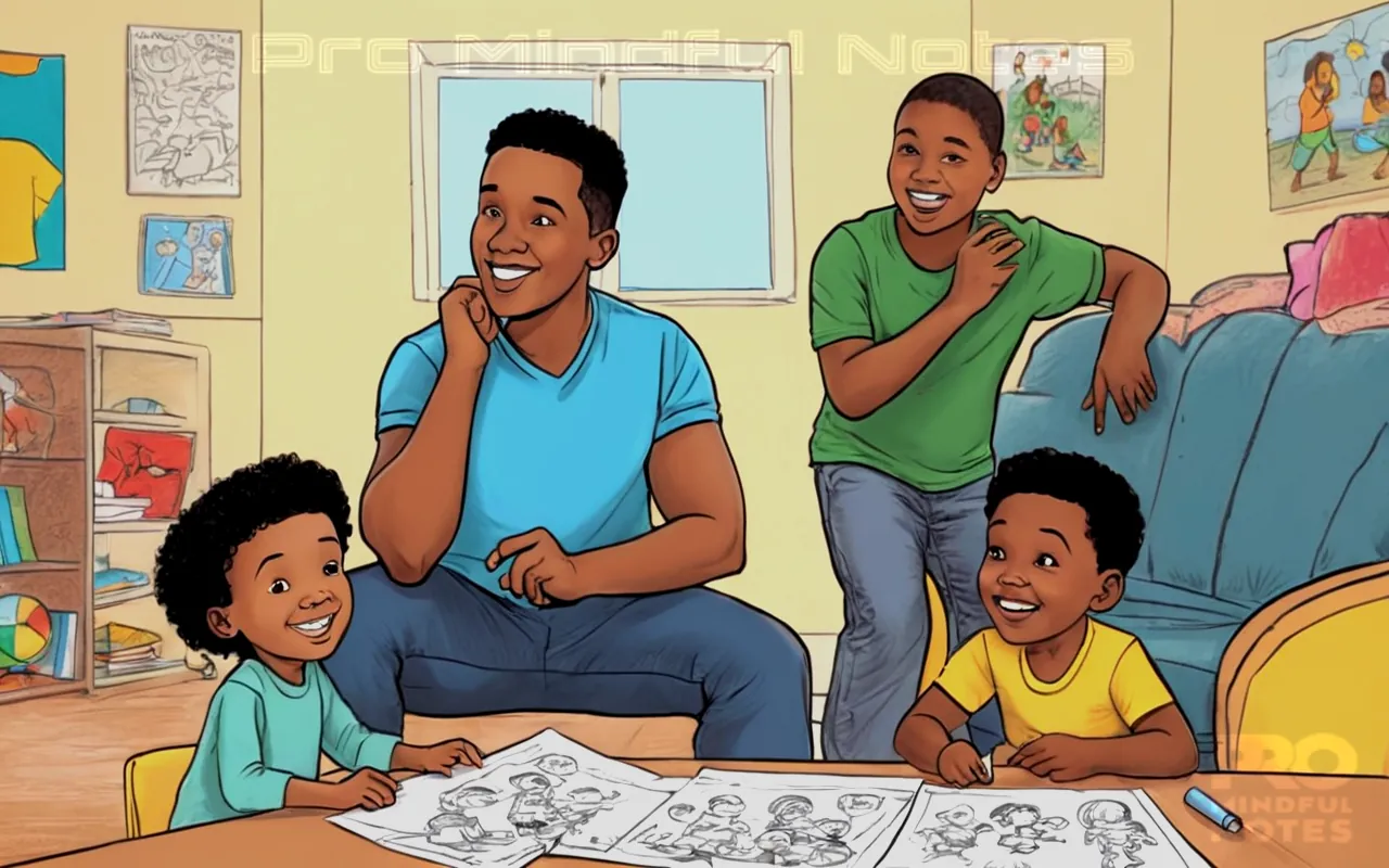 A young child in a playful pose, therapy setting background, diverse family group, various age representations, collaboration symbols, consent forms graphic representation, dynamic tension scene, understanding nods between adults and minors