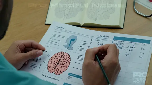 A clinician reviewing patient files, diagrams of brain anatomy, symbols representing various psychological states, scales measuring mental health severity, a checklist for risk factors and presenting problems, treatment planning chart, diverse individuals in different emotional expressions