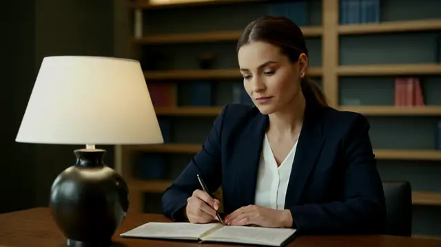 A professional therapist engaged in a consultation room, taking notes on legal documents, surrounded by books and digital tablets showcasing note-taking software, highlighted with thoughtful expressions of focus and expertise