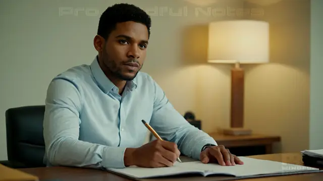 Therapist in a welcoming office setting, pen poised over a large pad of paper, thoughtful gaze outward, intake session environment in focus, notes being taken diligently, therapeutic tools subtly visible