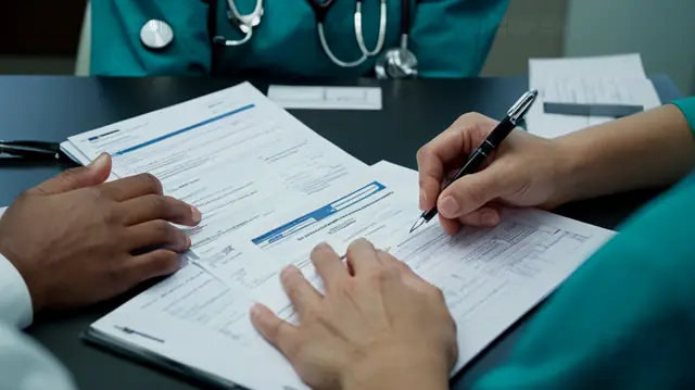 Multiple healthcare professionals collaborating, stacks of medical records, insurance policy documents, doctor-patient consultation, electronic data exchange systems