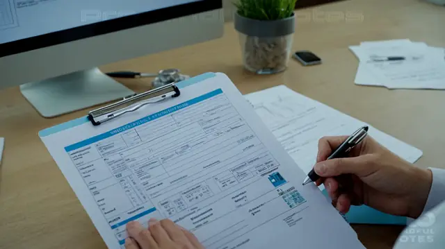 A professional doctor or healthcare provider, clinical office setting, stacks of patient files, computer screen displaying electronic health records (EHR), medical terminology symbols, checklist for documentation procedures, pen and highlighter in use, organized paperwork, digital camera capturing a close-up shot of essential medical forms