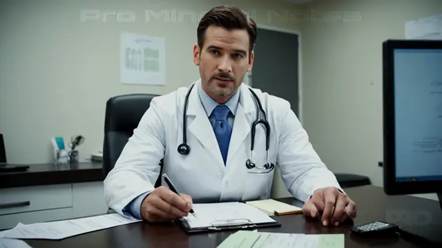 A doctor in professional attire, consultation room setting, stack of medical documents, computer displaying therapeutic plans, healthcare insurance forms, visual aids for patient education, motivational posters on success stories