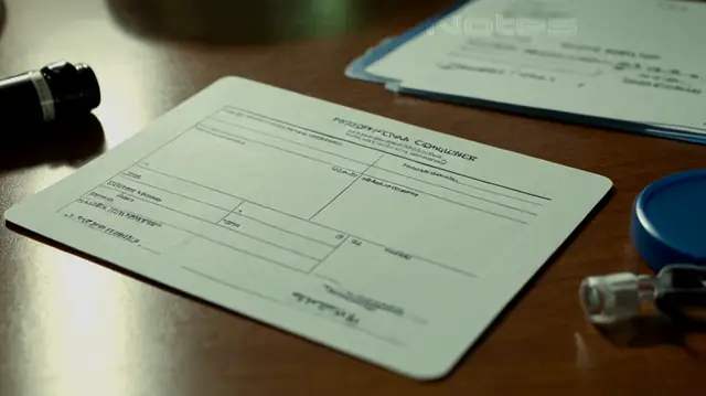 doctor consulting patient, prescription bottle on table, insurance card in hand, stack of medical records, healthcare facility backdrop