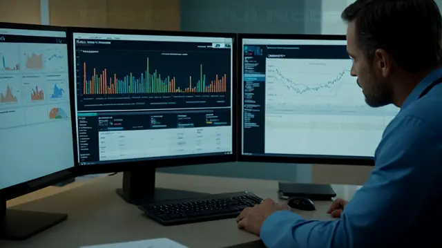 A doctor consulting patient files, healthcare professionals engaged in discussions over a computer screen displaying complex data charts on therapy outcomes, medical equipment indicating active treatment sessions, a bustling office environment reflecting diligent work ethic