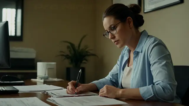 A person seated at a desk, looking contemplatively at documents; confidential medical record papers; stacks of forms related to mental health records access; visual symbols denoting privacy and rights, such as scales or lock-andformed icons, subtly integrated into the background design