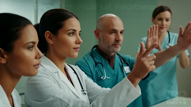A diverse group of individuals in a medical setting, displaying interactions using hand signals and diagrams, illustrating effective communication strategies, centered around SBAR technique