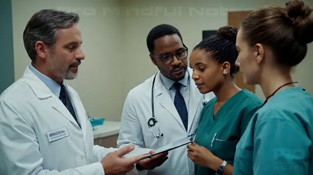 A diverse group of medical professionals engaged in conversation, a diagram illustrating the SBAR framework components, an interconnected network symbolizing improved communication, a patient-clinician interaction highlighting clarity and empathy, a visual representation of effective diagnosis and treatment process