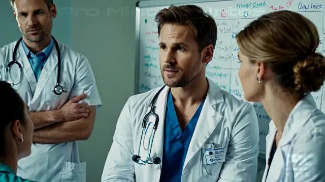 A professional stethoscope, calm patient, open conversation, team of doctors around a whiteboard, mental health symbol, thoughtful expressions, collaborative environment, treatment planning chart, hopeful atmosphere