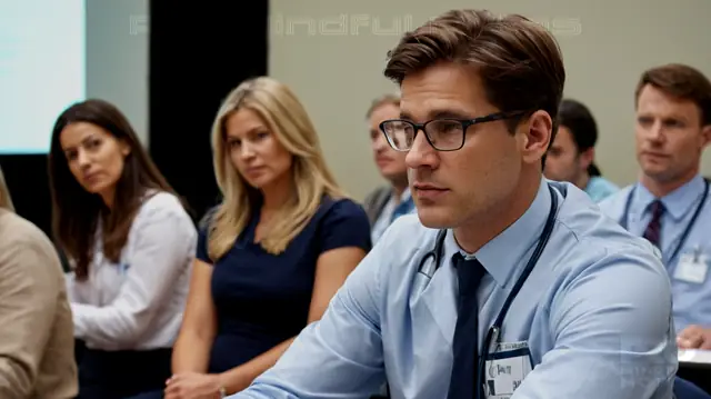 A professional medical conference, a diverse group of attendees in focus, informative visuals illustrating mental status examination steps, an engaging and welcoming environment, a blend of tranquility and high-stakes learning atmosphere