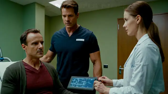 A professional observing a patient's physical appearance and demeanor, using specialized tools to analyze posture and subtle body language cues related to mental status assessment