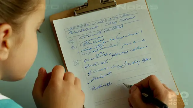 A medical professional examining a child, pen in hand, writing on a paper note, clear clinical record structure emerging, interactive template features highlighted, improved healthcare workflow visualized