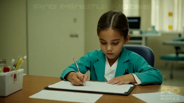 A handwritten note on paper, a child seated in a clinical setting, medical instruments at a desk, healthcare professionals engaged in discussion, colorful templates for patient records