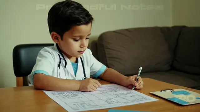 A doctor reviewing medical charts, children engaged in play therapy, digital interface displaying template options, vibrant illustrations of child-friendly healthcare tools