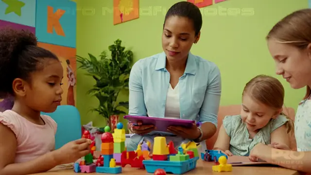 A play therapist holding a clipboard, children playing in a vibrant room, stacks of colorful toys, diverse age groups engaging together, progress charts on walls, therapeutic relationship bonding through shared activities