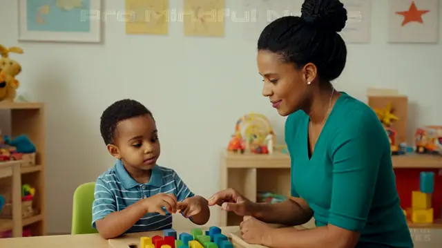 A professional therapist interacting with a child in a play therapy setting, diverse toys, engaging session documentation, growth chart symbols, confidentiality badge