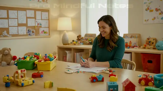 A therapist smiling warmly in a cozy, well-lit room filled with toys, children engaged in playful activities, play therapy materials scattered on a table, confidential session notes displayed prominently, progress tracking charts on the wall