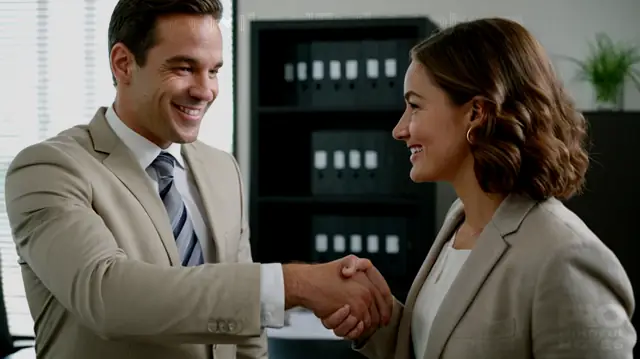 A confidential handshake between a lawyer and client, locked file cabinet in the background, professional headshot of an attorney holding paperwork, reassuring smile of trust, modern office interior with neatly arranged desks