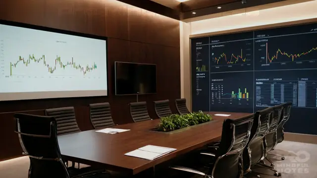 A diverse range of financial charts, confidential meeting room setting, sleek presentation slides on counselor's workspace