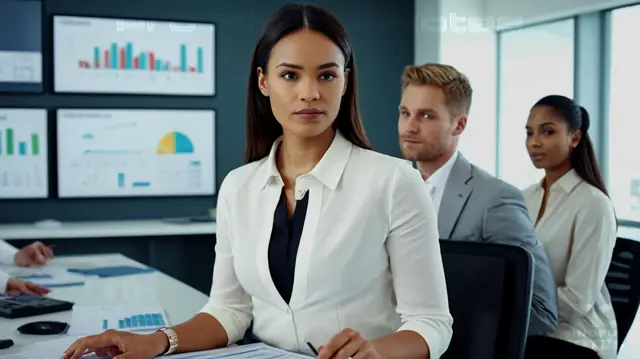 A diverse group of individuals in professional attire, focused on spreadsheets and financial charts, vibrant marketing collaterals, a welcoming counseling office environment