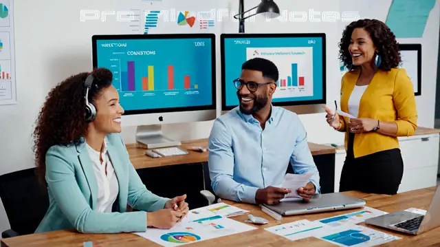 A diverse group of smiling professionals in casual attire holding financial charts and graphs, surrounded by iconic counseling symbols such as a listening ear and confidentiality badge, vibrant marketing materials like posters and digital screens showcasing business ideas, various office equipment including computers and desks, and an inspiring quote about entrepreneurship on the background