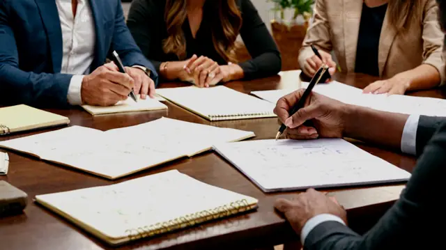 A diverse group of individuals engaged in therapeutic discussions, various diagrams illustrating psychological concepts, a professional looking over notes on a desk