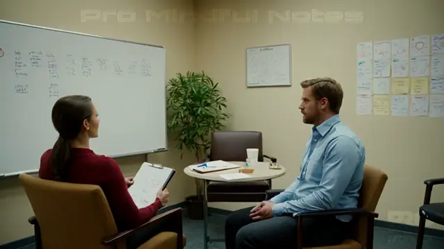A clinician's office, therapeutic conversation, patient on a chair, whiteboard with notes, stacks of psychology books, confidentiality symbol, treatment progress chart, counselor and client interaction