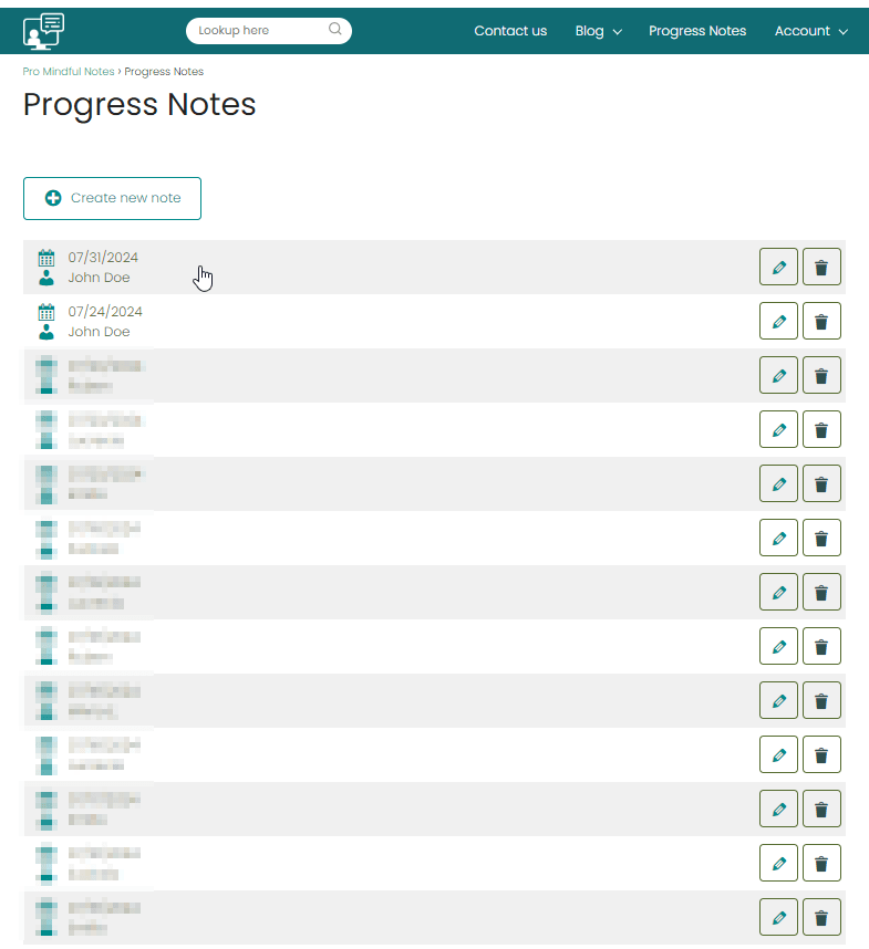 View displaying all progress notes for targeted case management created in the last 14 days. This view includes options to create a new note, edit a note, and delete a note.