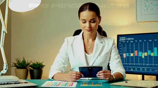 therapist, relaxed posture, therapeutic environment, digital device displaying a template, positive emotion expressions, professional attire, measuring scale for progress tracking, colorful charts or graphs, confident nodding, motivational quote on mental wellness, symbol of growth and improvement