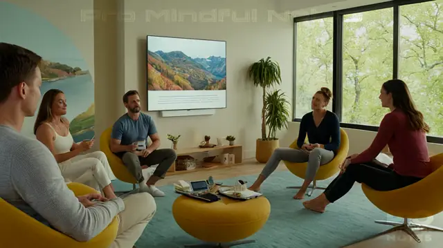 A diverse group of individuals in various stages of self-reflection and relaxation; colorful therapeutic tools on display; interactive digital screens showcasing templates; calming natural landscapes; motivational quotes inspiring mental wellness