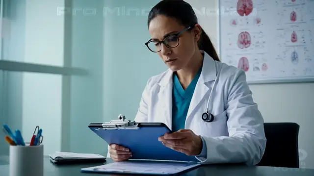 A focused physician taking notes on a clipboard in a brightly lit consultation room, attentive patient seated across, diagrams of brain and symptom charts visible in background, modern medical instruments subtly incorporated in the scene, overall sense of professionalism and clarity in clinical environment