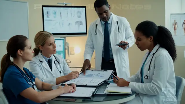 A diverse group of medical professionals consulting over a patient's case notes, a range of diagnostic tools and imaging equipment in the background, an illustration of a detailed psychiatric assessment chart on display, patients engaged in various therapeutic activities