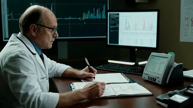 A psychiatrist seated at a desk, writing notes in a clinical handwriting, surrounded by medical charts and a computer screen displaying electronic health records