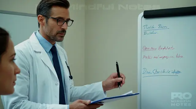 A professional looking doctor in a clinical setting, whiteboard with notes being written on it, patients sitting and speaking quietly, medical chart with patient information, serene hospital room environment