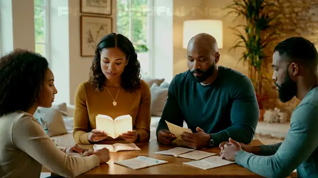 A diverse group of people engaging in discussion, holding educational materials on mental wellness, surrounded by a calming environment with therapeutic symbols