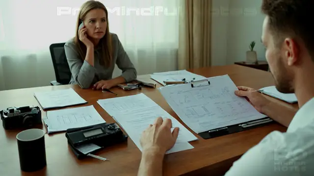 A professional psychologist analyzing test results, a patient looking concerned yet attentive, various psychological assessment tools laid out on a table, soft background music promoting relaxation and focus