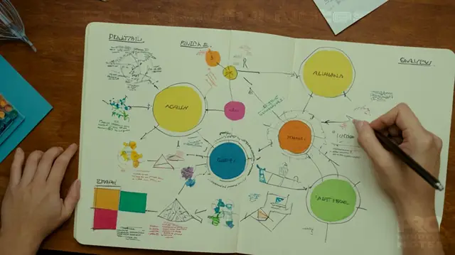 A diverse group of individuals engaged in various therapeutic activities, diagrams illustrating key concepts in psychology, a professional penning notes on a document, colorful graphs representing behavioral patterns