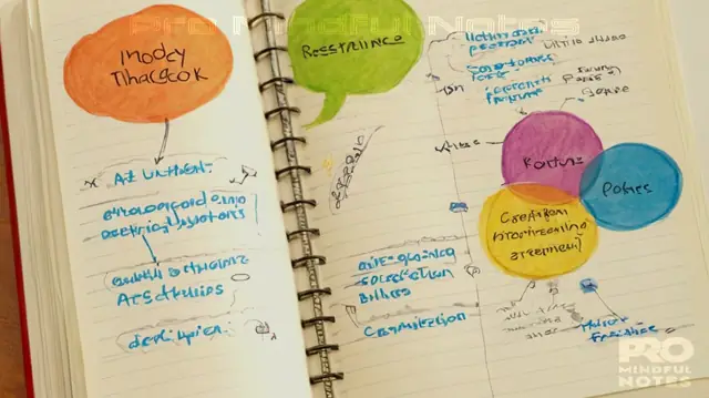 Productive ABA therapists taking diligent notes, colorful diagram of an organized notebook layout, thought bubble containing symbols or bullet points representing key concepts