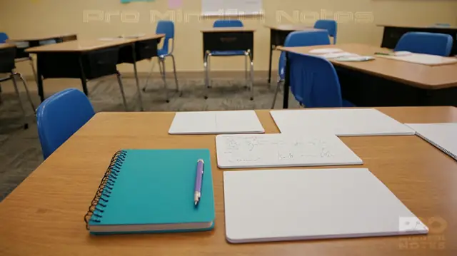 school desk, focused student, ABA therapy materials, organized note-taking tools, vibrant graphics illustrating key concepts, motivational quotes about productivity in learning