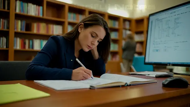 A focused individual at a desk, surrounded by ABA practice materials, annotating a chart on behavior analysis techniques, highlighted in vibrant colors, backdrop of a serene library setting, soft ambient lighting, digital note-taking device displayed prominently