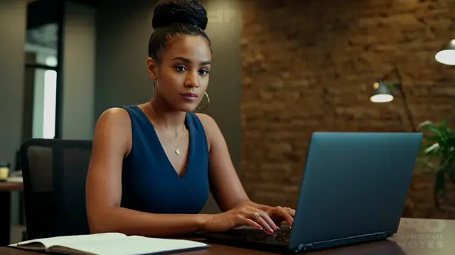 woman typing on laptop, diverse business tools, motivational poster, vibrant graphic design, confident expression, professional office setting