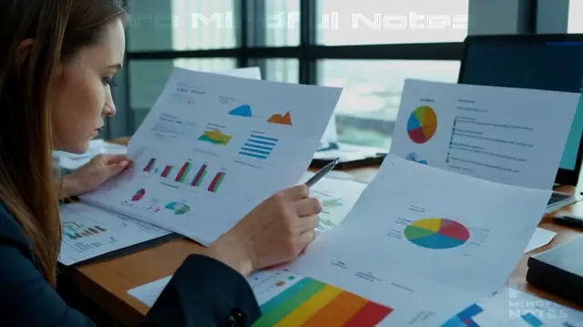 A focused individual reviewing documents, vibrant colorful graphs illustrating progress data, serene office setting, professional demeanor