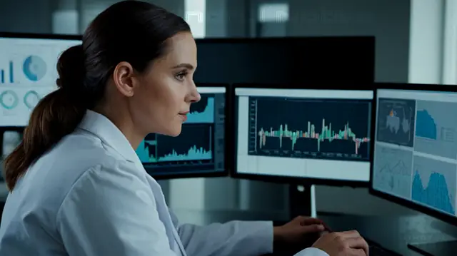 Medical professionals engaged in documentation, diverse chart types, collaborative workflows, sleek digital interface design, interactive template selection, data synchronization across devices, professional-grade diagrams and annotations