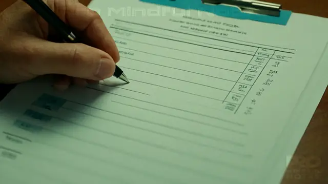 A stack of medical forms, a pen tapping on paper, a doctor's thoughtful expression, intricate details in patient notes, an organized chart with color-coded sections