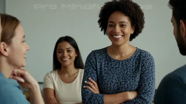 A person smiling confidently in front of a group, engaging in conversation without hesitation, displaying various tools for stress relief like deep breathing exercises or self-assessment questionnaires, symbols representing support and empowerment, images showcasing improved social interactions and trust-building activities